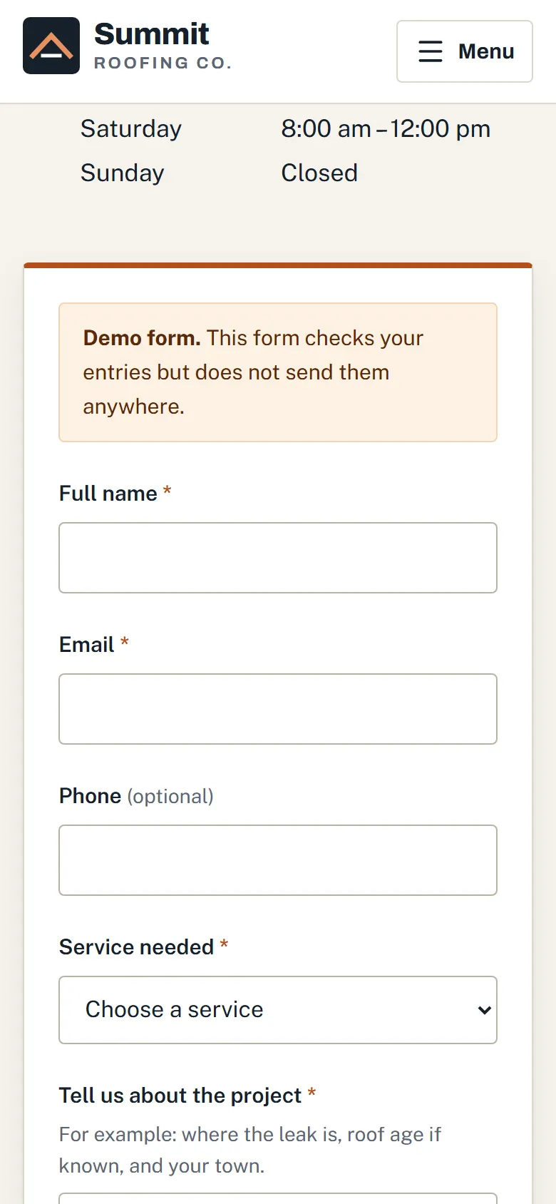 Quote form on a phone, with large labelled fields