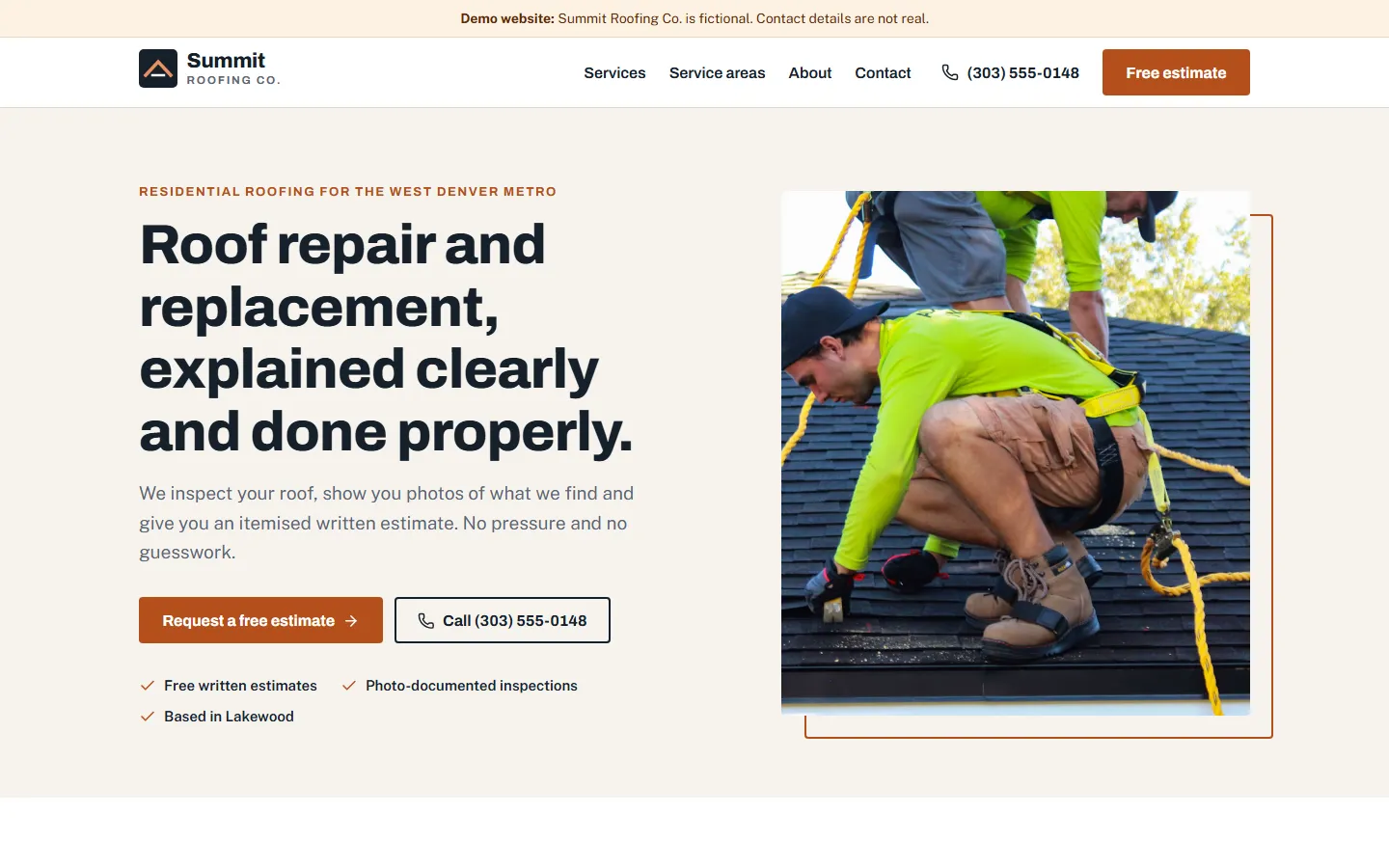 Summit Roofing Co. concept website homepage on a desktop screen