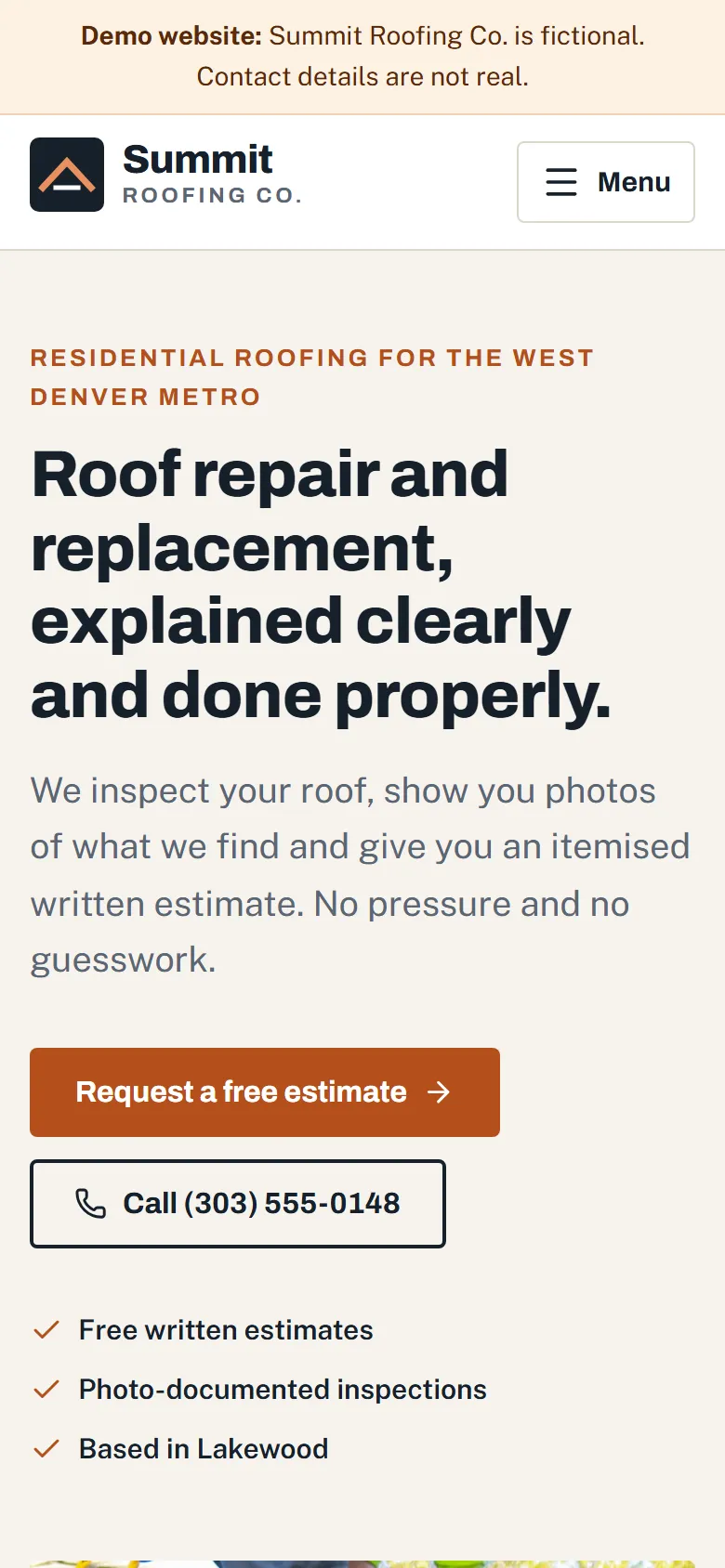 The same homepage on a phone, with a large call button