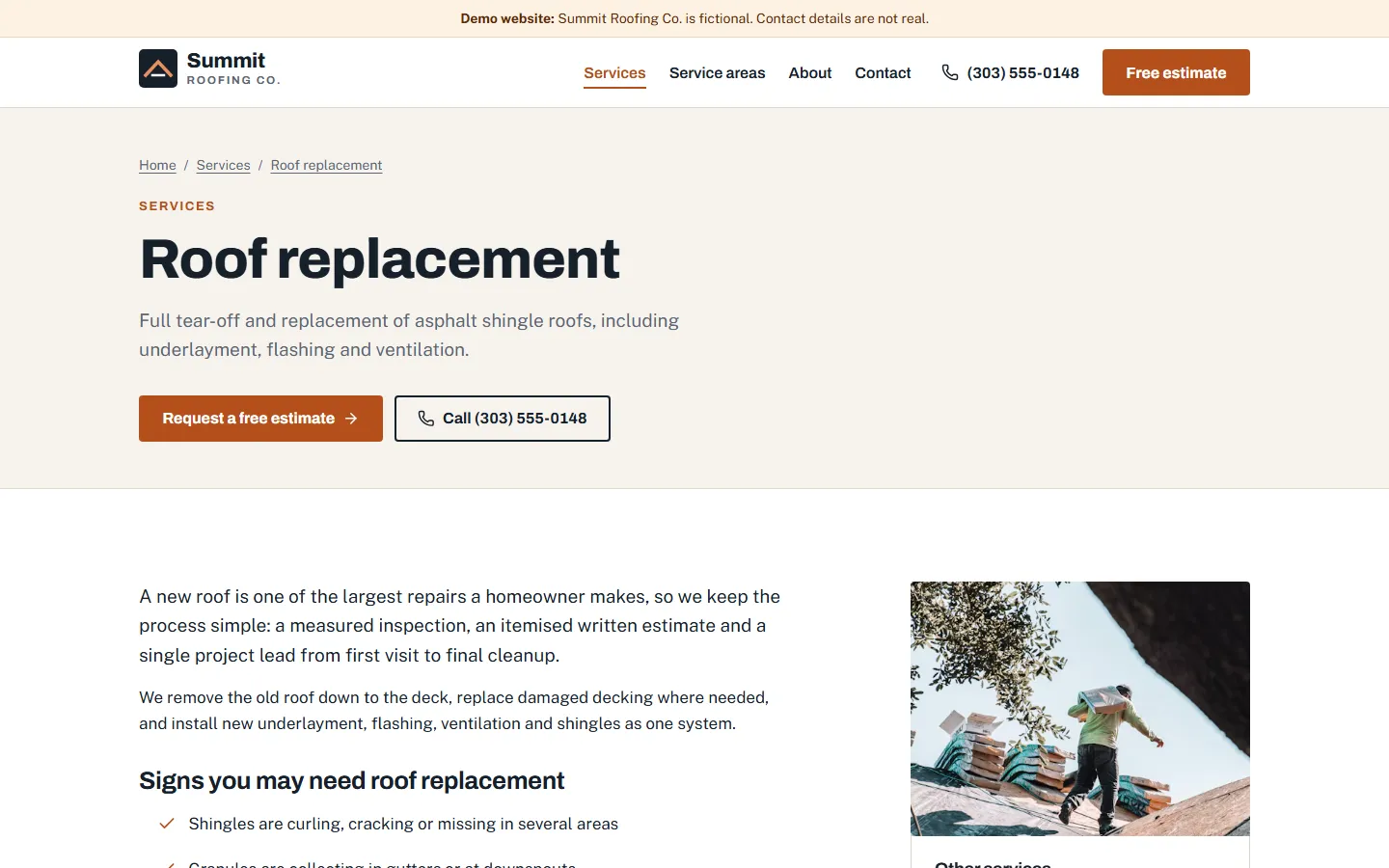 Roof replacement service page with breadcrumb, headline, two call-to-action buttons and an introduction